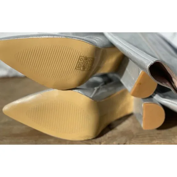 Silver Croc-Embossed Knee-High Boots With Block Heel & Side Zipper Closure size - Picture 8 of 10